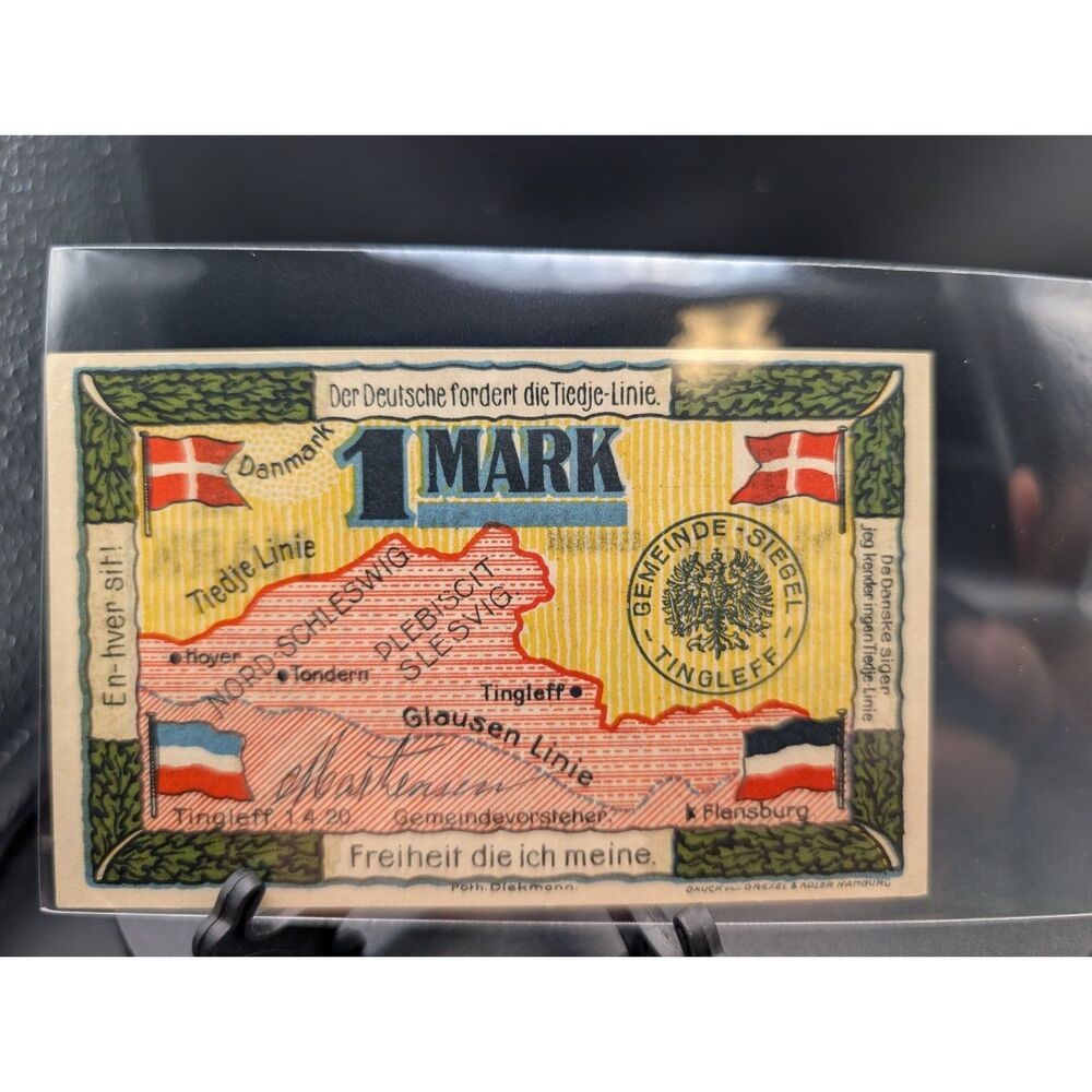 1920 Germany Tinglev Schleswig Plebiscite 1 Mark Notgeld Note Serial 41716